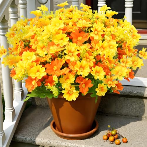 Uieke Artificial Fake Flowers, 6 Bundles Daisy Mums Flowers Outdoor UV Resistant No Fade Greenery Shrubs Plants Indoor Outside Hanging Planter Home Wedding DIY Garden Porch Décor (Orange Yellow) - color: Yellow,orange, size: 6