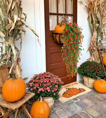 Faux Hanging Plants Hanging Greenery Outdoor Artificial Vines for Outdoors Hanging Plants with flowers Artificial Hanging Plants Indoor Outdoor Wall Garden Wedding Interior Decoration(Orange Red) - color: Orange Red, size: Hanging Plants