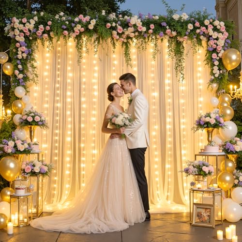 Champagne Backdrop Curtains with Lights String for Wedding Parties 10×10ft Sheer Tulle Backdrop Curtain for Bridal Shower Baby Shower Birthday Party Photo Shoot Decorations 2 Panels 5×10ft - color: Champagne, size: 10 ft X 10 ft(2 Panels 5ft X 10ft)