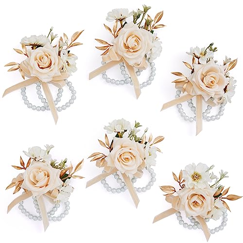 Serwalin 6Pcs Champagne Wrist Corsage for Wedding, Artificial Flowers Roses Wrist Corsage for Prom Homecoming Party Accessories for Bride Bridesmaids, Mother of Bride and Groom - color: Champagne, size: Corsage 6pcs