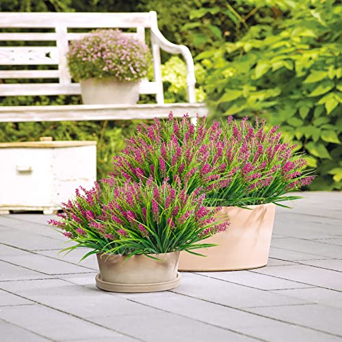 obbsie 36 Bundles Artificial Plants Outdoor, 18.2" UV Resistant Faux Monkey Grass Greenery Stems No Fade Faux Plastic Flowers Shrubs for Home Weddings Garden Porch Front Patio Office Decor - Rose Red - color: Fushia, size: 36 Pcs