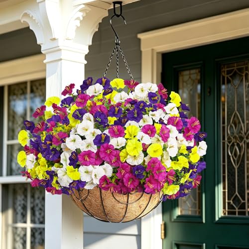 Artificial Hanging Flowers with Basket for Outdoors, UV Resistant Faux Silk Morning Glory with Eucalyptus Realistic Fake Hanging Plants for Spring Summer Outside Decor (Mixed Colors) - color: 4 Colors