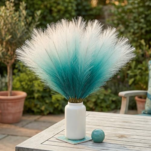 TORONTOKYO Light Blue Pampas Grass Decor, 50Pcs 21.6 inch Artificial Short Faux Pompas Grass, Boho Neutral Home Decor Bouquet for Floor Vase, Wedding, Party, Farmhouse, Bedroom Decor (Turquoise) - color: Turquoise, size: 21.6inch-50Pcs