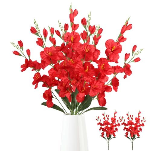 2 Bundles Red Gladiolus Artificial Flowers 10 Heads 26.38" Silk Flowers Faux Gladiolus Flowers for Wedding Centerpieces, Home Table Party Decor(Red) - color: Red