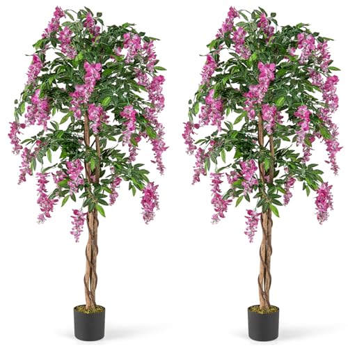 Goplus 5.5FT Ficus Artificial Tree, 2 Pack Faux Wisteria Tree in Nursery Pot with Blooming Flowers, Fake Potted Tree Greenery Floor Plant for Indoor Home Office Porch Living Room Decor - color: Rosy, size: 5.5ft×2