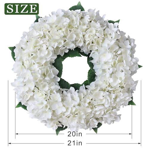 21" Artificial Hydrangea Flower Wreath for Front Door Spring Summer(White) | Premium Material,Long-Term Use,Full and Plump Flower Wreath Greenery,Ideal for Home Mantel Wall Farmhouse Outdoor Decor