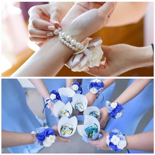 MECCANIXITY Wrist Corsage Artificial Flower Bracelets Pack of 1 Rose Wrist Bride Groom Decorative for Wedding Ceremony Prom Party Anniversary, 9x7cm Navy Blue - color: Navy Blue