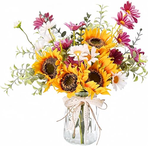 Artificial Faux Flowers in Vase for Home, Fake Flowers Arrangment with Pot, Sunflower Silk Daisy Bouquet for Fall Spring & Summer Decor Coffee Table Dinning Room Kitchen Centerpiece Table Decorations - color: Purple