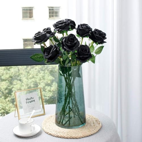 Black Fake Roses Artificial Flowers - 10 Pcs Fake Artificial Roses Silk Flowers with Stems for Home Wedding Hotel Office Centerpiece Decor - color: Black, size: 10 Pcs