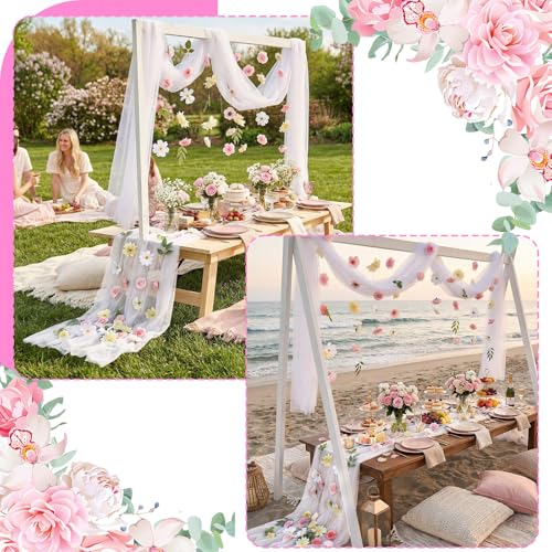 6 Pcs 35.4 Inch Artificial Flower Garland with 3 Pcs 10 ft Floral Tulle Table Runner Spring Summer Wildflower Dining Table Decor for Flower Wedding Party Backdrop Decorations - style: Watercolor Flower