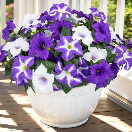 Artificial Flowers for Outdoors, 4 Pcs Realistic Fake Flowers Petunias UV Resistant Silk Morning Glory Faux Plants for Outdoor Planters Balcony Yard Window Box Porch Garden Home Outside Decor - color: Purple