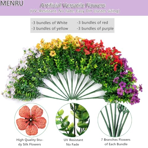 12 Bundles Artificial Flowers for Outdoor UV Resistant and Realistic, Faux Daisy Fake Flowers with Eucalyptus Leaves for Porch, Patio, Planter, Window Box, Home, Garden Decor - color: Red Yellow White Purple