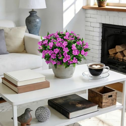 Roberly 6 Bundles Artificial Flowers for Outdoors, Faux Silk Catharanthus Roseus Flowers Bouquet Fake Greenery Plant for Spring Summer Garden Patio Porch Window Box Table Home Decor, Purple - color: Purple