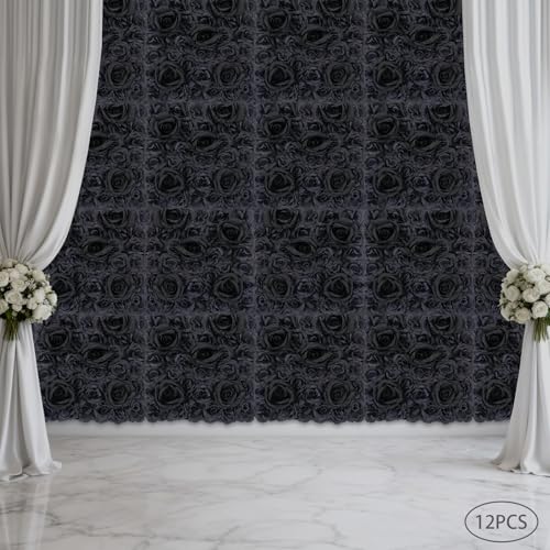 12PCS Black Rose Flower Wall Panels, 3D Artificial Silk Floral Background Decor for Wedding Party Indoor Outdoor Home Decoration (15x15in) - color: 12pcs Black Roses