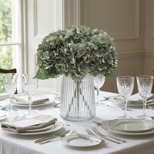 6Pcs Artificial Fake Flowers Plants Silk Hydrangea 1 Flower Head Arrangements Wedding Bouquets Decorations Plastic Floral Table Centerpieces Home Kitchen Garden (Saga Green) - color: Saga Green