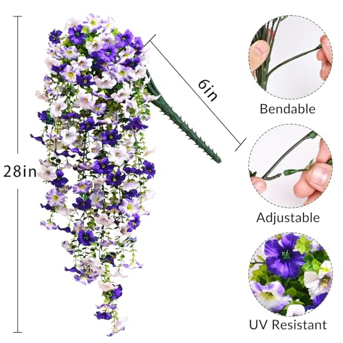 Waipfaru Artificial Petunias Flowers for Outdoors, 4 Pcs UV Resistant Fake Hanging Plants Spring Outside Decor, Faux Silk Flowers Long Trailing Vines for Outdoor Planters Porch Garden (Purple White) - color: Purple, size: 4 PCS