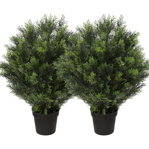 momoplant 31 Inch Tall Artificial Cedar Topiary Tree Set of 2 Faux Cypress Evergreen Potted Plants for Outdoor & Indoor Decor - size: 31 Inch