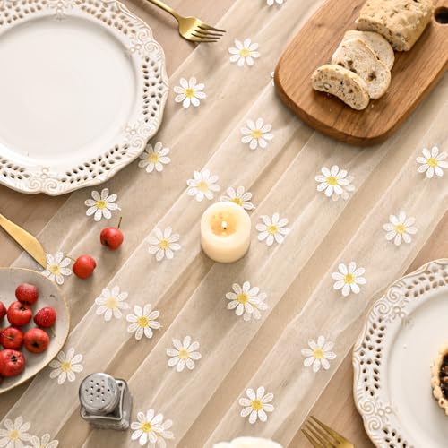 Artoid Mode Beige Apricot Daisy Gauze Embroidery Table Runner 120 Inch 10FT, Tulle Seasonal Spring Kitchen Dining Holiday Table Decor for Home Party - color: Beige Apricot