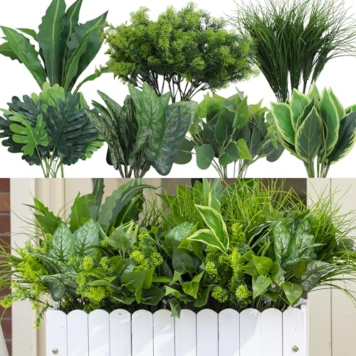 Green Moon 18PCS Artificial Plants Outdoor, Faux Greenery Stems for Outside | UV Resistant Faux Outdoor plants, Fake Shrubs Plants for Patio Garden, Front Porch, Window Box, Spring Summer Home Decor - color: Tropical
