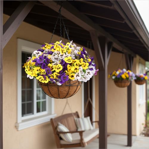 CEWOR Artificial Flowers for Outdoor Indoor, Fake Silk Pansy with Eucalyptus Leaves, Faux Flower for Garden Front Door Porch Planter Patio Home Decor (12 Bundles, Yellow White Purple) - color: 3 Color Pansy