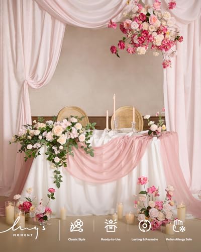 Ling's moment 2PCS Pink Artificial Floral Swags Wedding Arch Flower Garland Cream Rose Flowers Greenery for Table Backdrop Easel Wall Entryway Outdoor Board Decor - color: Pk-cream