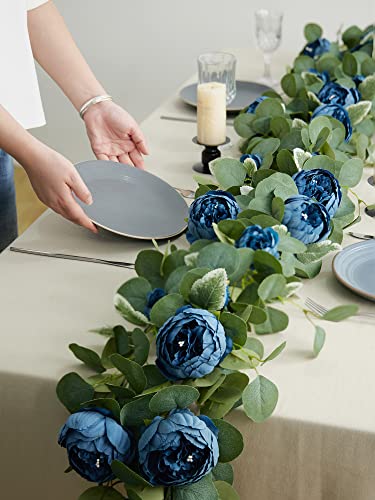 MISSPIN 2pcs Artificial Flowers Garland Eucalyptus Garland Vintage Fake Flower Peony Rose Vine Greenery Decorative Wall Hanging Plant for Wedding Arch Door Arrangement Party Decor - color: Jewel Blue