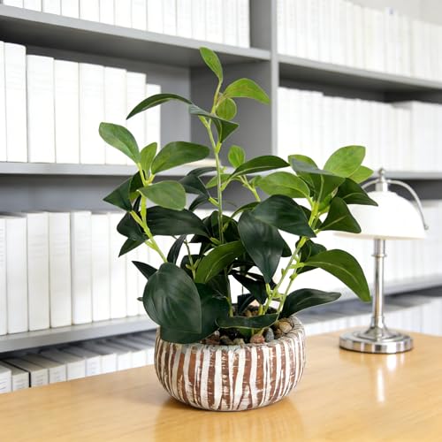 Artificial Potted Plants Life-Like Fake Plant with Farmhouse-Style Cement Planter Feturing Light Wood Tone for Room Bathroom Bedroom Kitchen Office Dese Coffee Table Décor (12.8inch) - size: Ficus 12.8inch