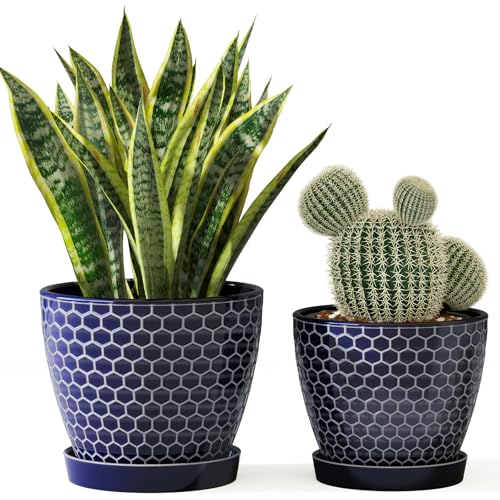Docrin Blue Honeycomb Ceramic Plant Pot Set - 6.6"+5.5" Inch, Modern Decorative Planters with Drainage Holes & Saucers for Indoor/Outdoor Home Office - color: Blue
