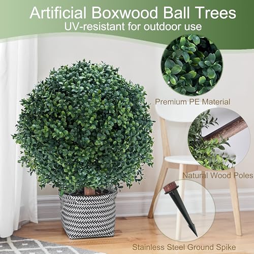 27.5" Artificial Boxwood Topiary Ball Tree with Ground Spike, Set of 2 Artificial Cedar Bushes, UV Resistant Faux Boxwoods Outdoor Plants Artificial for Porch Garden Front Porch Decor - size: Artificial Boxwood Topiary Ball Tree