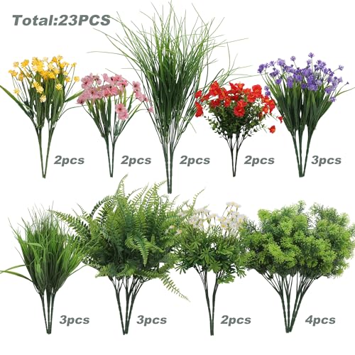 Green Moon 23PCS Artificial Plants Outdoor, Faux Flowers & Greenery Stems | UV Resistant Faux Outdoor plants, Artificial Flowers for Outdoors Garden Patio Porch, Window Box, Spring Summer Home Decor - color: Spring
