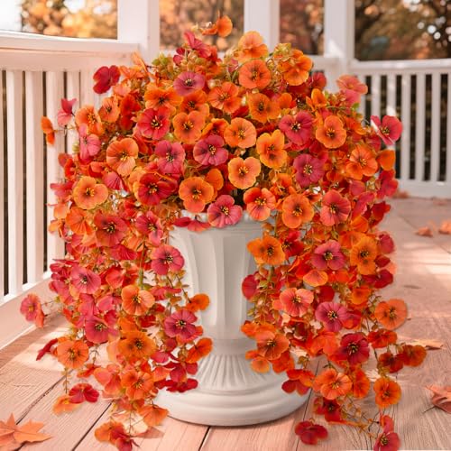 Artificial Fall Flowers for Outdoor, 4 Pcs Faux Pansy Fake Mums Plant Hanging Flowers Outdoor Fall Decor, UV Resistant Silk Flower for Front Door Porch Planter Patio Yard Garden(Orange Autumn Red) - color: Orange Autumn Red