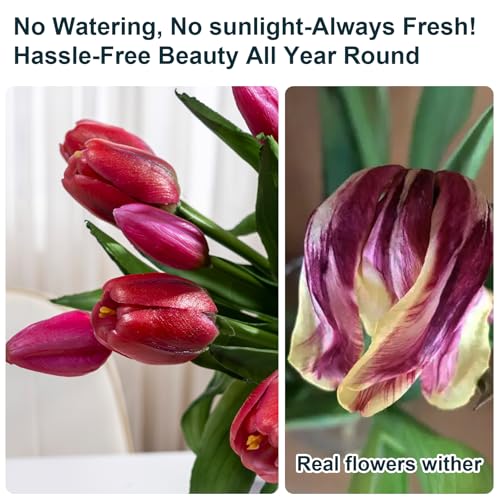 Bailikang 20PCS Fake Tulips Artificial Tulip Silk Flowers Fake PU Bouquet Artificial Flowers Faux Flowers with Gift Box Soft Faux Tulips Bouquets Arrangements for Party Wedding Home - color: Red