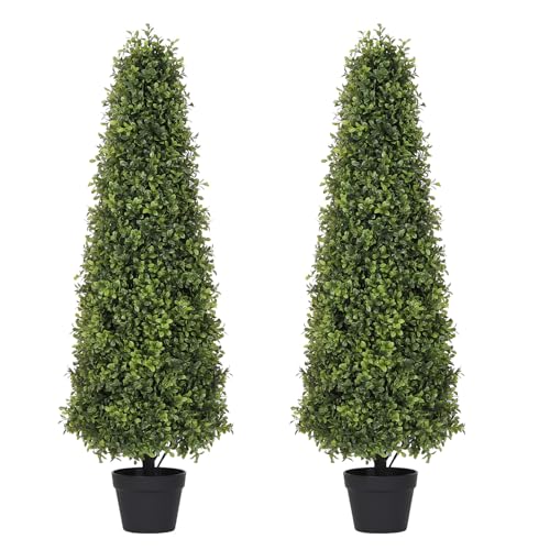 4ft Artificial Boxwood Topiary Trees (Set of 2) - UV Resistant Faux Plants Outdoor, Realistic 48in Fake Potted Bushes and Shrubs for Front Porch, Planter, Patio - Low Maintenance & Evergreen - color: Boxwood Light Green, size: 48in