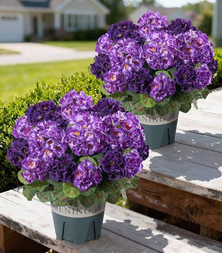 Geraniums Artificial Flowers for Outdoors, 2 Pack Potted Plants Fake Geranium Bush Realistic Fake Flowers Greenery UV Resistant Faux Flowers for Outdoor Planters Outside Gardens Front Door Indoor, Mix - color: 6 Purple, 6 Dark Purple