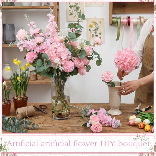 Suncalla 36 Pcs Pink Artificial Flowers Bouquet Set 8 Kind Faux Delphinium Rose Peony Chrysanthemum Hydrangea Baby's Breath Florals with Greenery Long Stem for Wedding Table Vase Decor - color: Pink