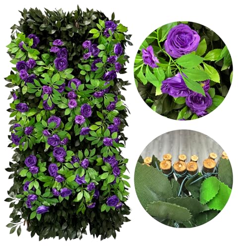 Expandable Privacy Screen with Artificial Flower for Balcony Patio Fence Greenery Privacy Fence Outdoor Leafy Purple Rose 1pcs - color: Leafy Purple Rose, size: 1pcs