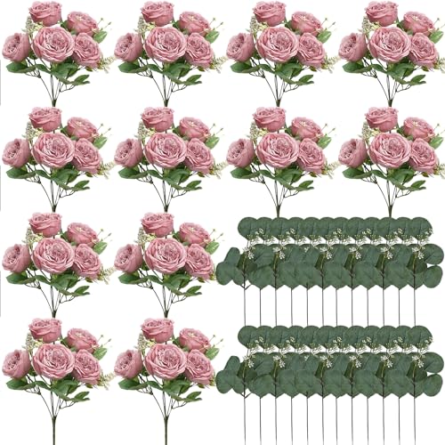 Peonies Artificial Flowers Bulk, 12 Bundles Fake Silk Peonies Faux Eucalyptus Bouquet Realistic Peony Floral Arrangement for Wedding Table Centerpiece Vase Decor (Dusty Pink) - color: Dusty Pink