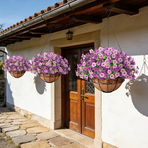 Artificial Fake Hanging Flowers Plants Basket Outdoors, Faux Silk UV Resistant Look Real Daisy Eucalyptus for Spring Summer Garden Porch Home Patio Balcony Yard Decorations, Pink Purple - color: Purple and Pink