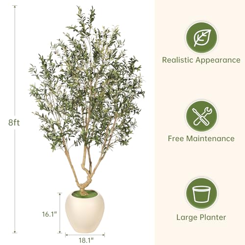 Realead Olive Trees Artificial Indoor - 8FT Tall Faux Olive Tree with 18in Exquisite Planter - Large Fake Olive Tree with Natural Trunk and Lifelike Leaves for Large Spaces & Elegant Home Office Decor - size: 8ft