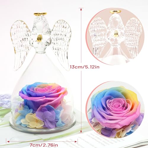 Miofula Gifts for Mom Birthday Gifts for Women, Preserved Flowers Rose in Glass Angel Figurines, Fresh Flowers for Delivery Anniversary Forever Real Roses Gifts for Mothers Grandma Her Wife Girlfriend - color: Rainbow