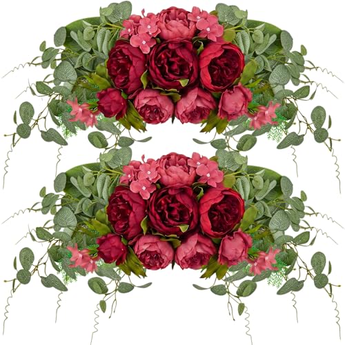 Suncalla 2 Pcs Floral Wedding Arch 30 Inch Rustic Artificial Flowers Swag Garland with Peonies Eucalyptus Leaves for Wedding Arrangement Table Centerpiece Ceremony Backdrop Party Decor (Red) - color: Red