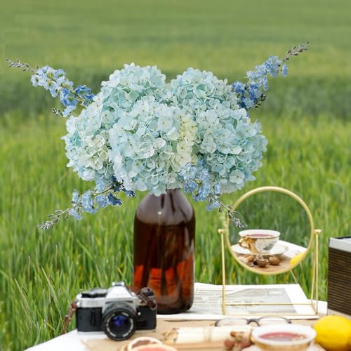 ZYTUYO 3PCS Blue Hydrangea Artificial Flowers 25.6" Large Fake Hydrangeas Flowers with Stems Faux Silk Bouquet for Indoor Home Decor Table Wedding Party Floral Outdoor Centerpieces - color: Lake Blue