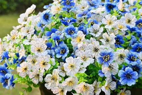 LADADA 6 Bundles Artificial Fake Flowers，Fake Blue Silk Daisy with Eucalyptus for Planter Pot UV Resistant Realistic for Outside Porch Home Patio Garden Decoration (White Blue) - color: White Blue