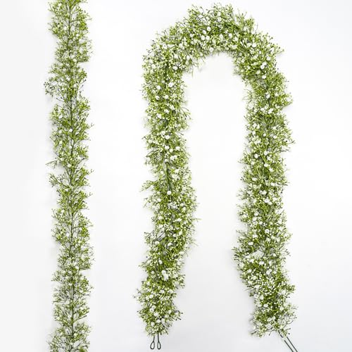 2 Pcs 5.8ft Artificial Baby Breath Flower Vines, Babys Breath Artificial Flowers Real Touch Faux Gypsophila Hanging Fake Baby's Breath Garlands for Wedding and Baby Shower Decor（White） - color: White