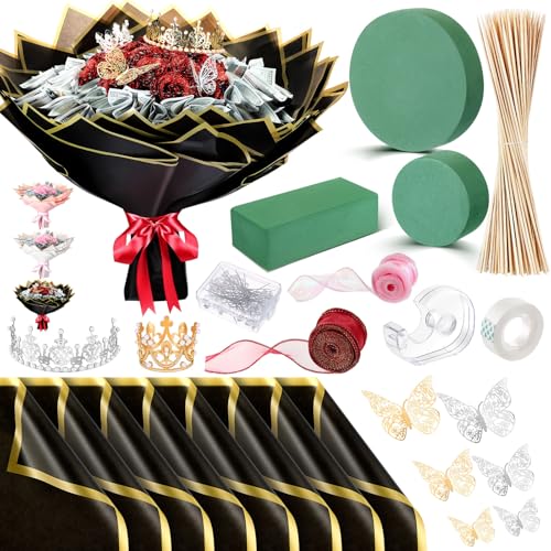 XunYee Bouquet Kit 20 Sheet Flower Wrapping Paper 100 Pcs Bamboo Skewers Floral Foam Blocks for Anniversary Birthday Gift Graduation Mother's Day(Black) - color: Black