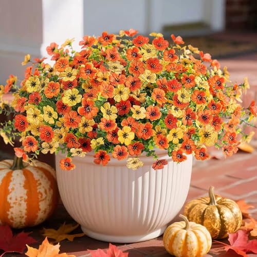 Fall Mums Artificial Flowers for Outdoors Potted, 12 Bundles Fake Fall Daisy Flower with Realistic Eucalyptus Leaves, Fake Plants for Greenery Boxwood Porch Patio Garden Pot Lawn(Yellow Orange) - color: Yellow Orange