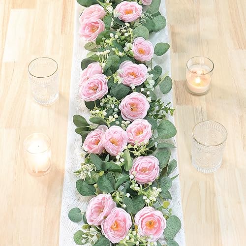TOCHGREEN 2 Pack 13Ft Artificial Eucalyptus Flower Garland with Pink Camellia, Fake Flower Greenery Garland Floral Vines for Wedding Home Party Room Table Runner Decor (2PCS, Pink) - color: Pink, size: 2PCS