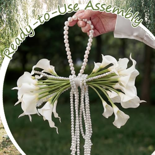 Yinder 14 Pcs Calla Lily Bridal Bouquet with Pearl Handle, Bridal Pearly Wedding Bouquet with Flowers with Pearl Bead for Wedding Marriage Party Church Bridesmaid