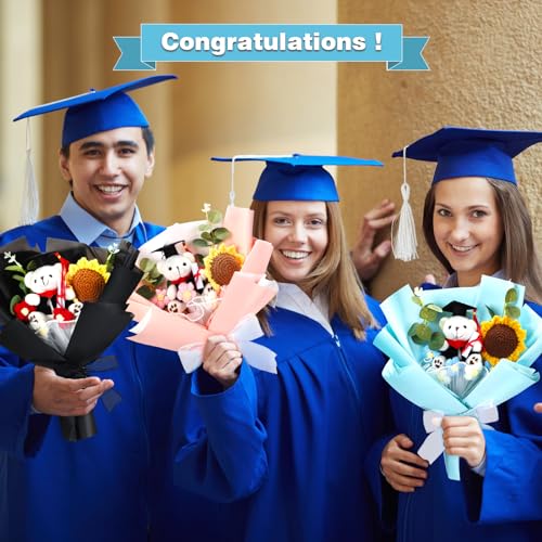 Graduation Crochet Flower Bouquet Set Includes Stuffed Bear Knitted Sunflower Daisy Eucalyptus Greeting Card Gift Bag 2026 Blue Flower Bouquet Graduation Gift - color: Blue, style: Stuffed Bear and Sunflowers