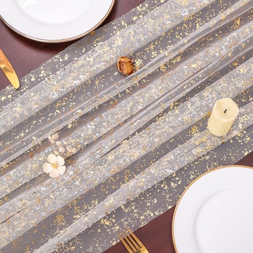 10FT Gold Gauze Table Runner Sheer Glitter Metallic Foil Tulle Table Runner 120 Inch Sequin Bridal Wedding Dining Centerpiece for Birthday Christmas Anniversary Home Decor for Party - color: Gold, size: 10 ft × 1 pc